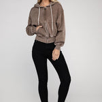 Acid Wash Fleece Cropped Zip-Up Hoodie