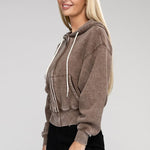 Acid Wash Fleece Cropped Zip-Up Hoodie