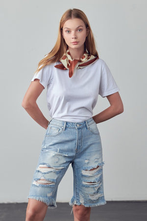 High Rise Ripped Bermuda Denim Shorts