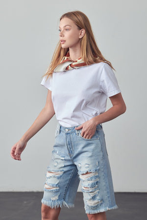 High Rise Ripped Bermuda Denim Shorts