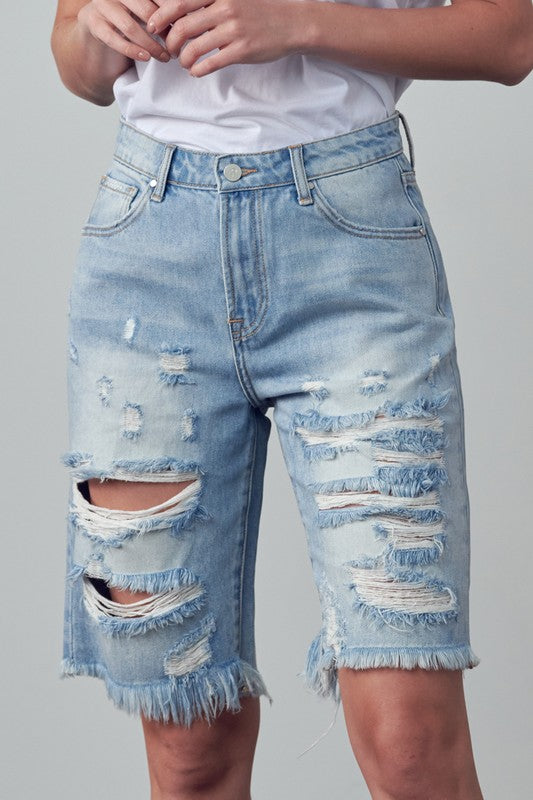 High Rise Ripped Bermuda Denim Shorts