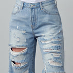 High Rise Ripped Bermuda Denim Shorts