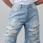 High Rise Ripped Bermuda Denim Shorts