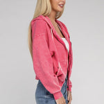 Acid Wash Fleece Cropped Zip-Up Hoodie