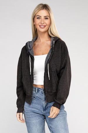 Acid Wash Fleece Cropped Zip-Up Hoodie