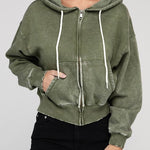 Acid Wash Fleece Cropped Zip-Up Hoodie