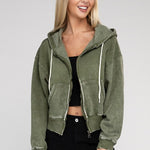 Acid Wash Fleece Cropped Zip-Up Hoodie