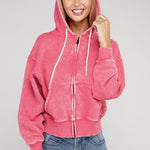 Acid Wash Fleece Cropped Zip-Up Hoodie