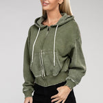 Acid Wash Fleece Cropped Zip-Up Hoodie